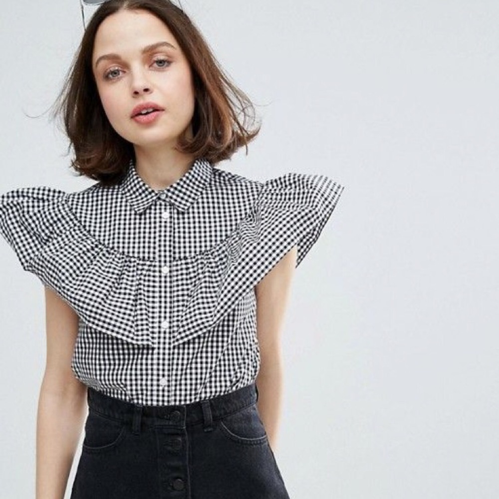 Monki Gingham Button Up Top with Ruffle